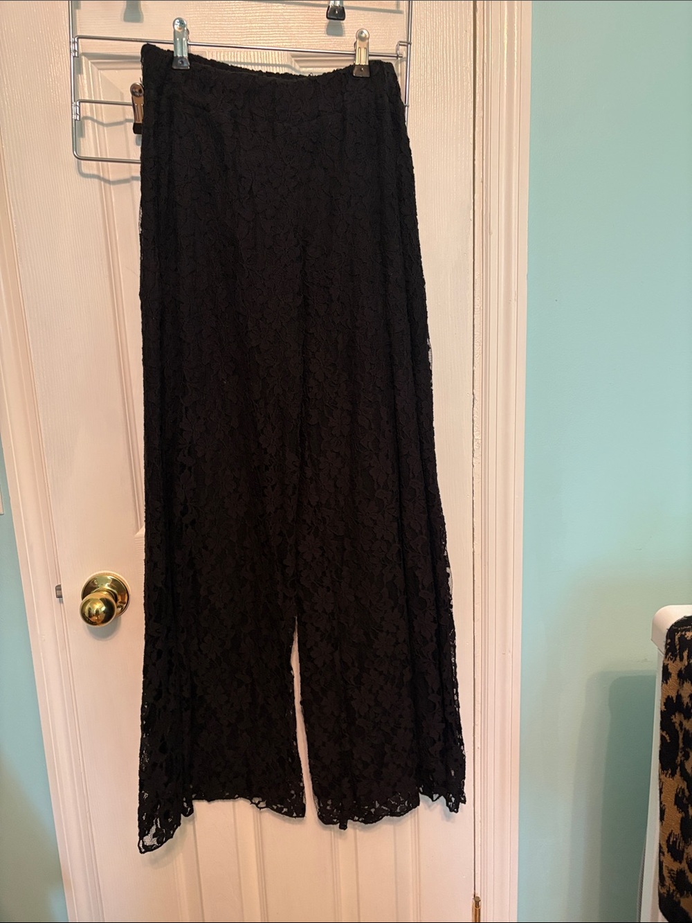 Elan Black Lace Wide-Leg Pants with Floral Overlay